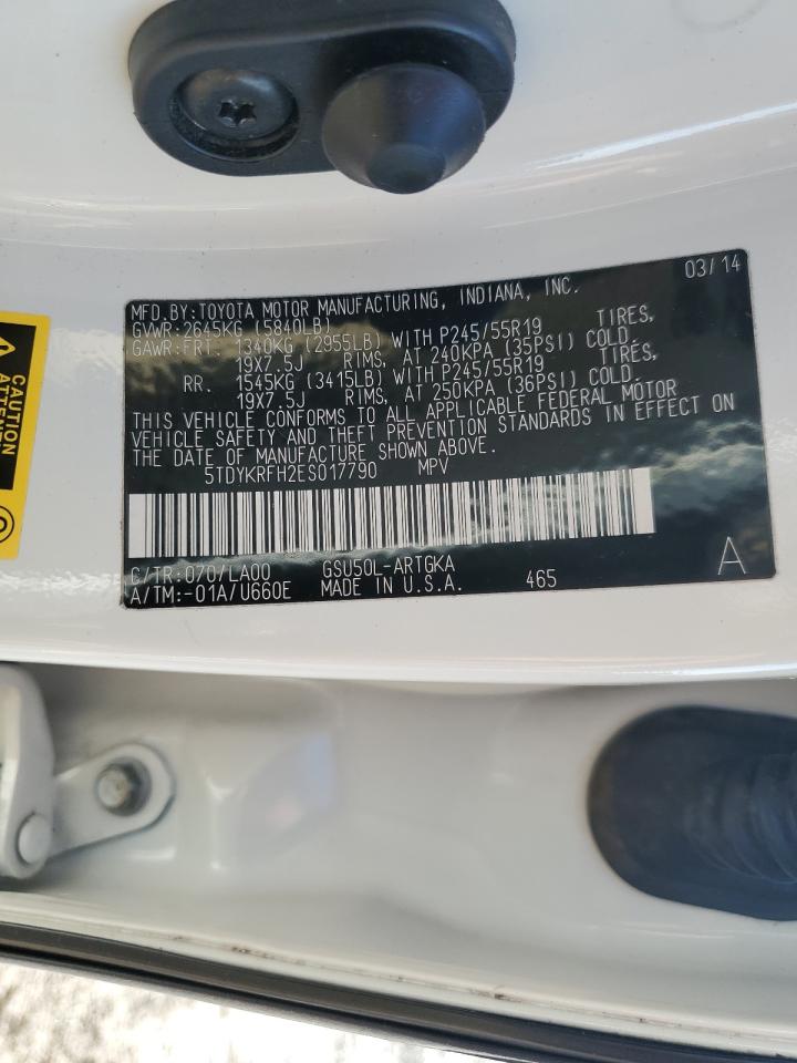 2014 Toyota Highlander VIN 5TDYKRFH2ES017790 Copart auction photo, front end damage thumbnail 15