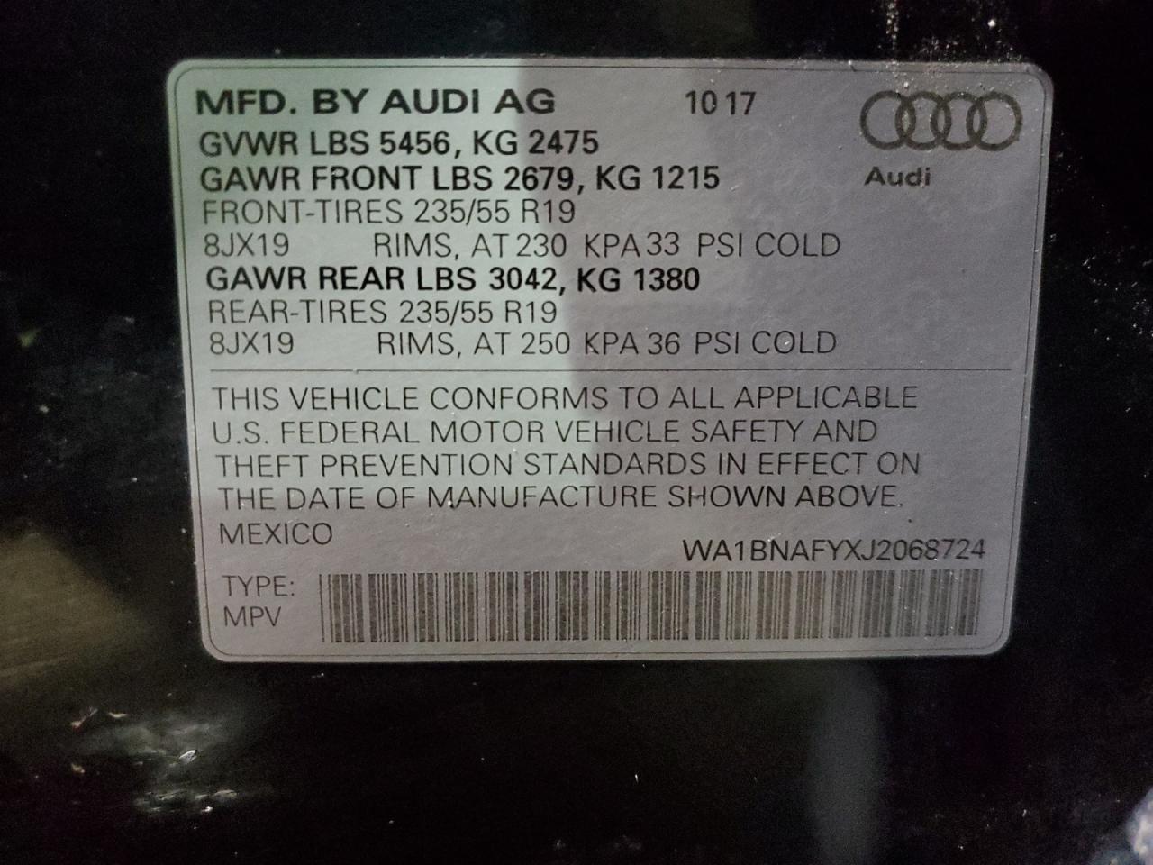 2018 Audi Q5 VIN WA1BNAFYXJ2068724 Copart auction photo, front end damage thumbnail 13