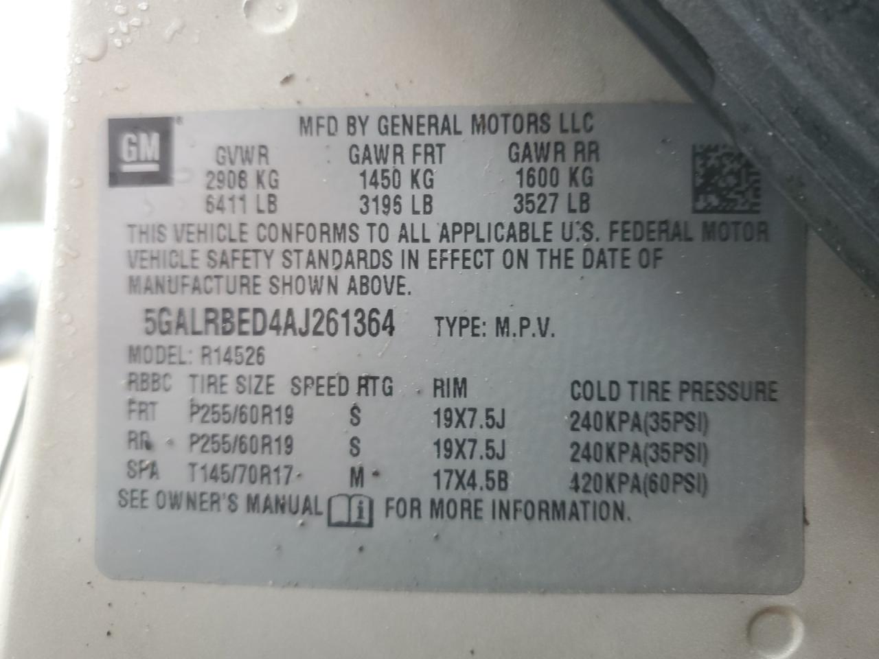 2010 Buick Enclave VIN 5GALRBED4AJ261364 Copart auction photo, side / minor dent/scratches damage thumbnail 13