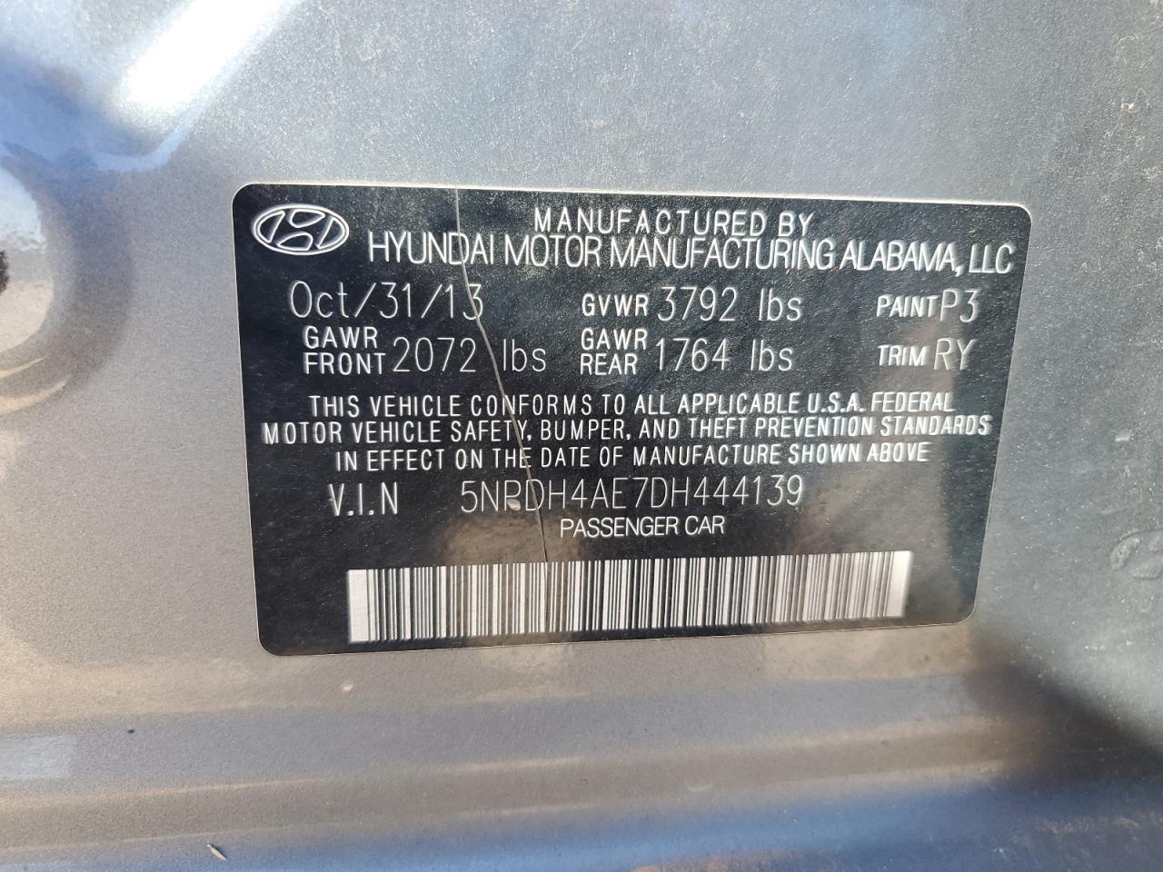 2013 Hyundai Elantra VIN 5NPDH4AE7DH444139 Copart auction photo, water/flood / minor dent/scratches damage thumbnail 12