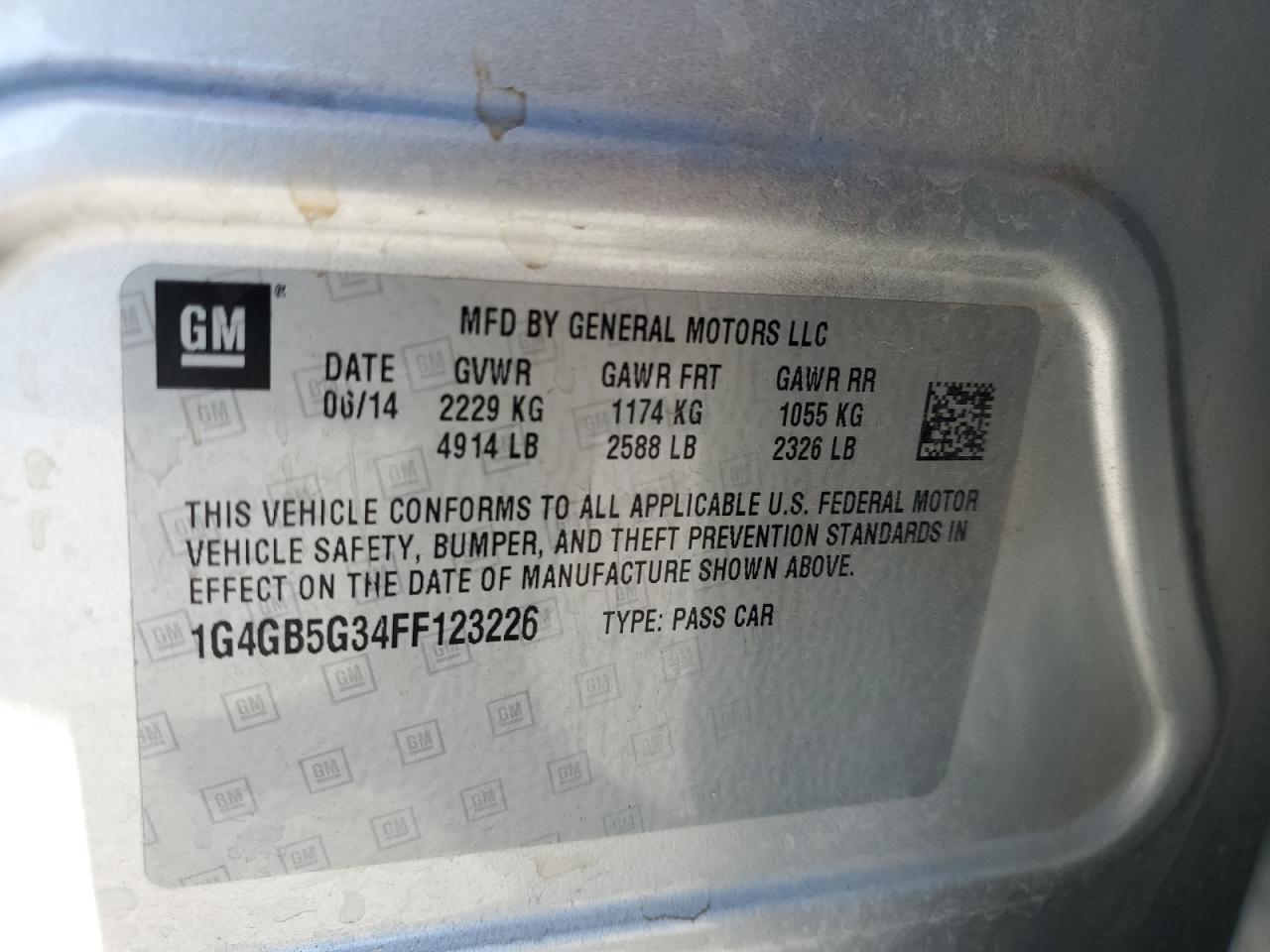 2015 Buick LaCrosse VIN 1G4GB5G34FF123226 Copart auction photo, front end / side damage thumbnail 14