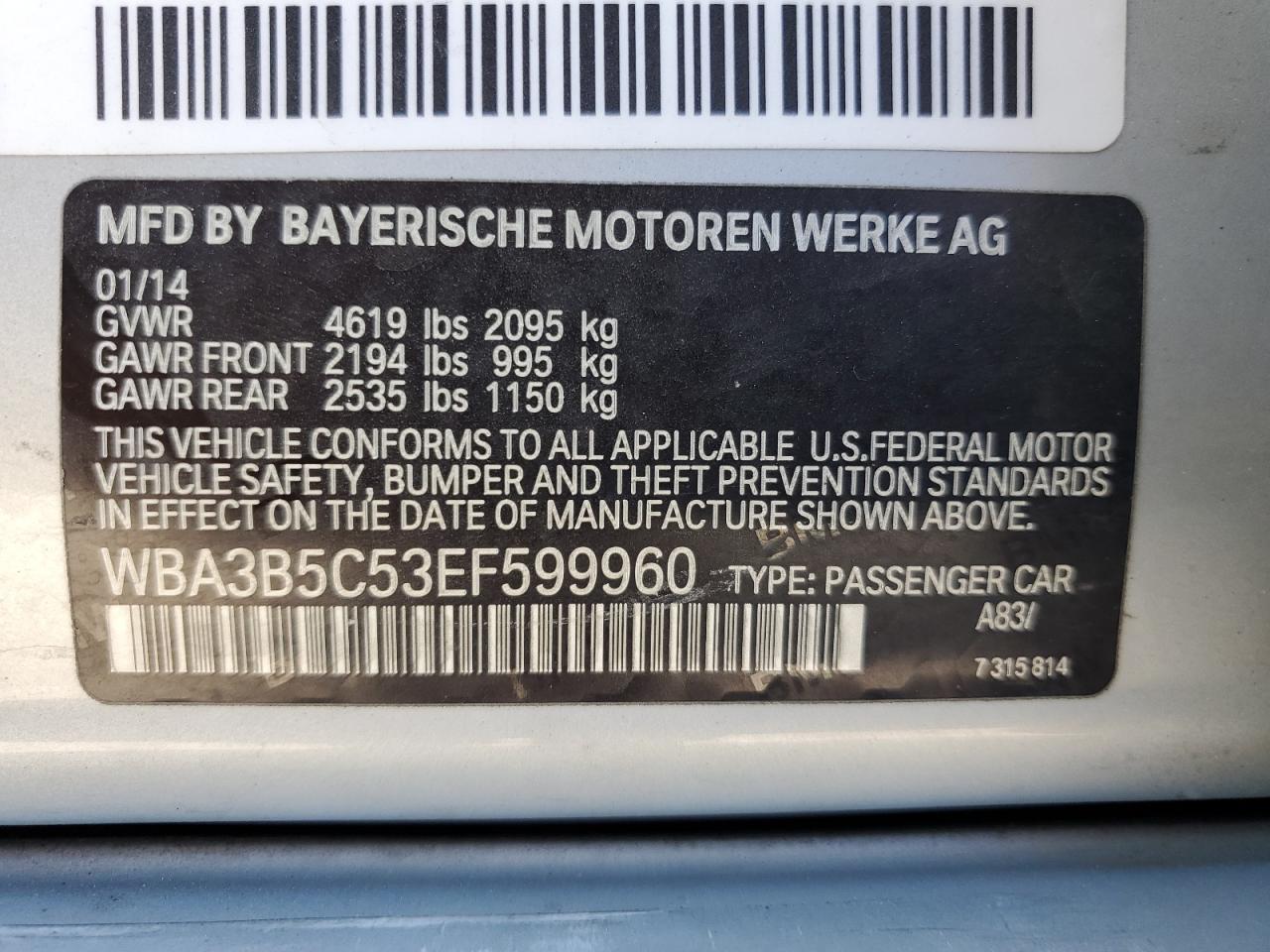 2014 BMW 3er VIN WBA3B5C53EF599960 Copart auction photo, all over damage thumbnail 14