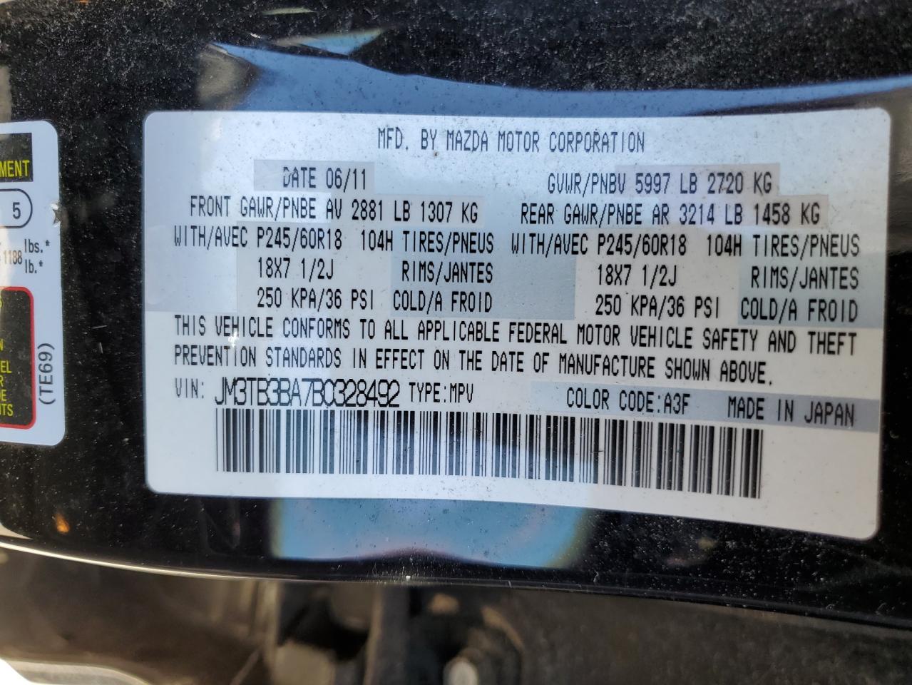2011 Mazda CX-9 VIN JM3TB3BA7B0328492 Copart auction photo, hail damage thumbnail 13