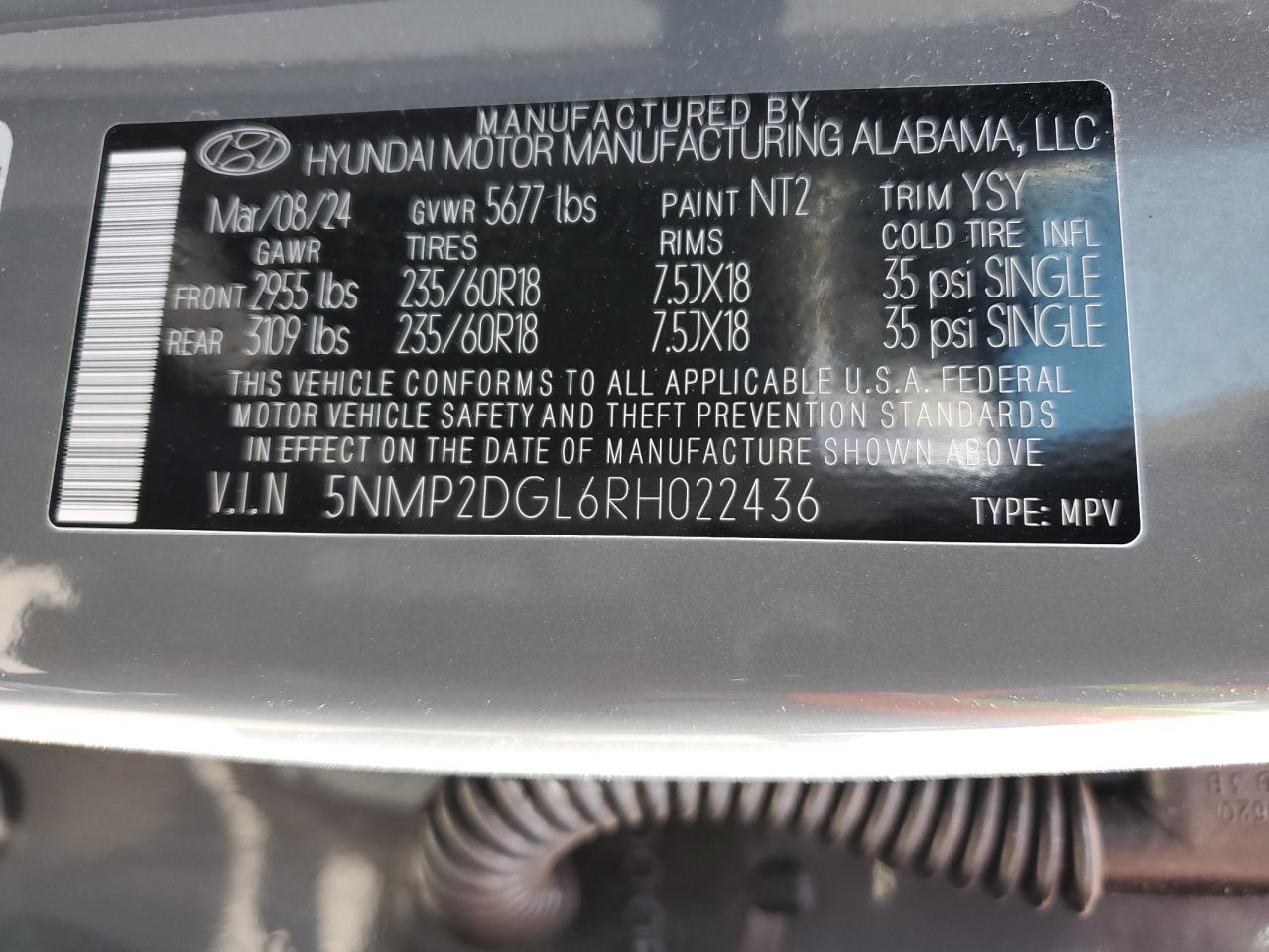 2024 Hyundai Santa Fe VIN 5NMP2DGL6RH022436 Copart auction photo, front end / undercarriage damage thumbnail 15