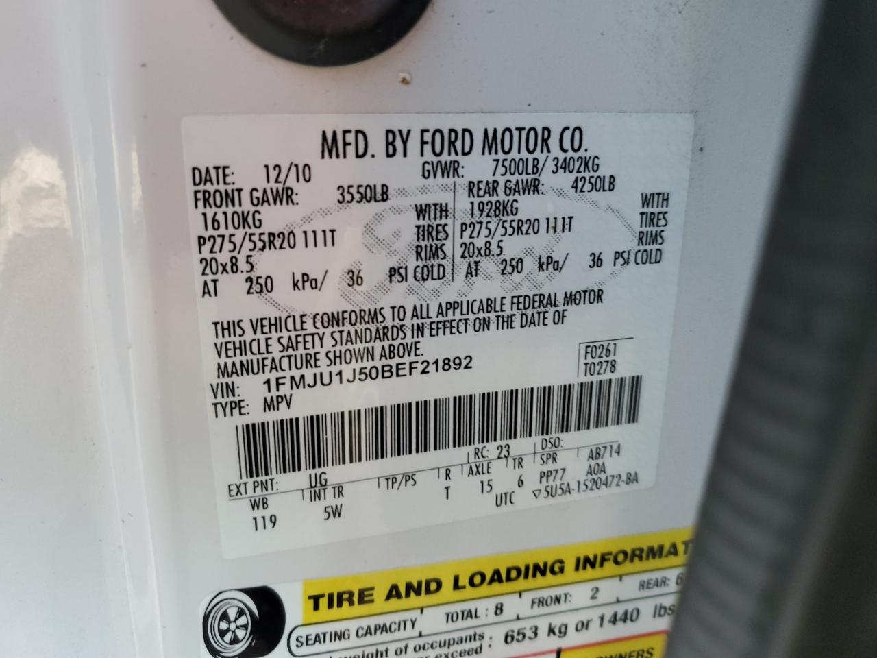 2011 Ford Expedition VIN 1FMJU1J50BEF21892 Copart auction photo, minor dent/scratches damage thumbnail 15