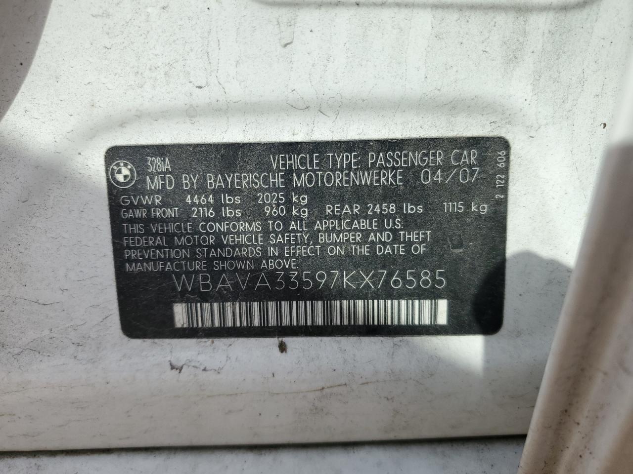 2007 BMW 3er VIN WBAVA33597KX76585 Copart auction photo, front end damage thumbnail 14