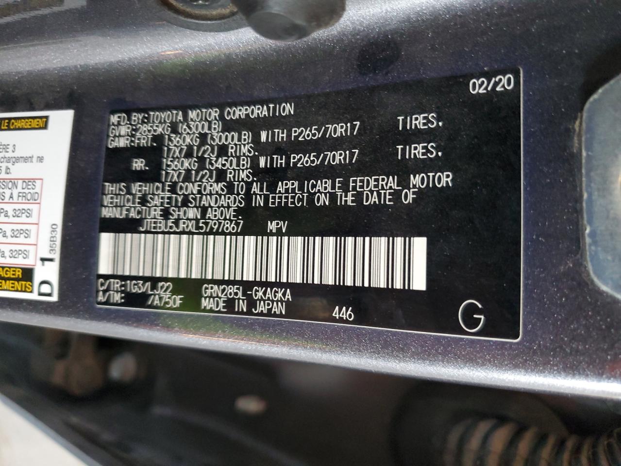 2020 Toyota 4Runner VIN JTEBU5JRXL5797867 Copart auction photo, front end damage thumbnail 12