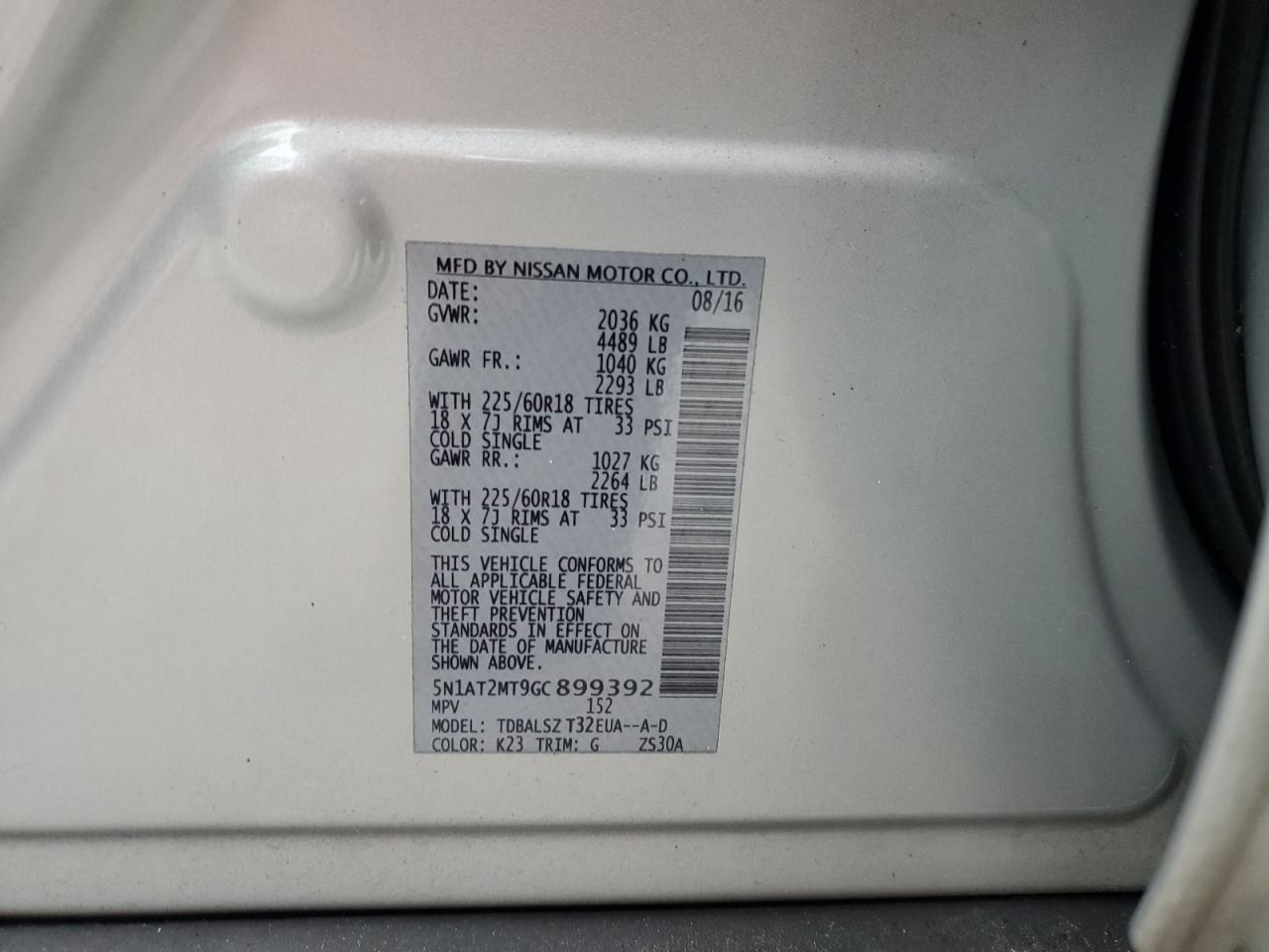 2016 Nissan Rogue VIN 5N1AT2MT9GC899392 Copart auction photo, front end damage thumbnail 13