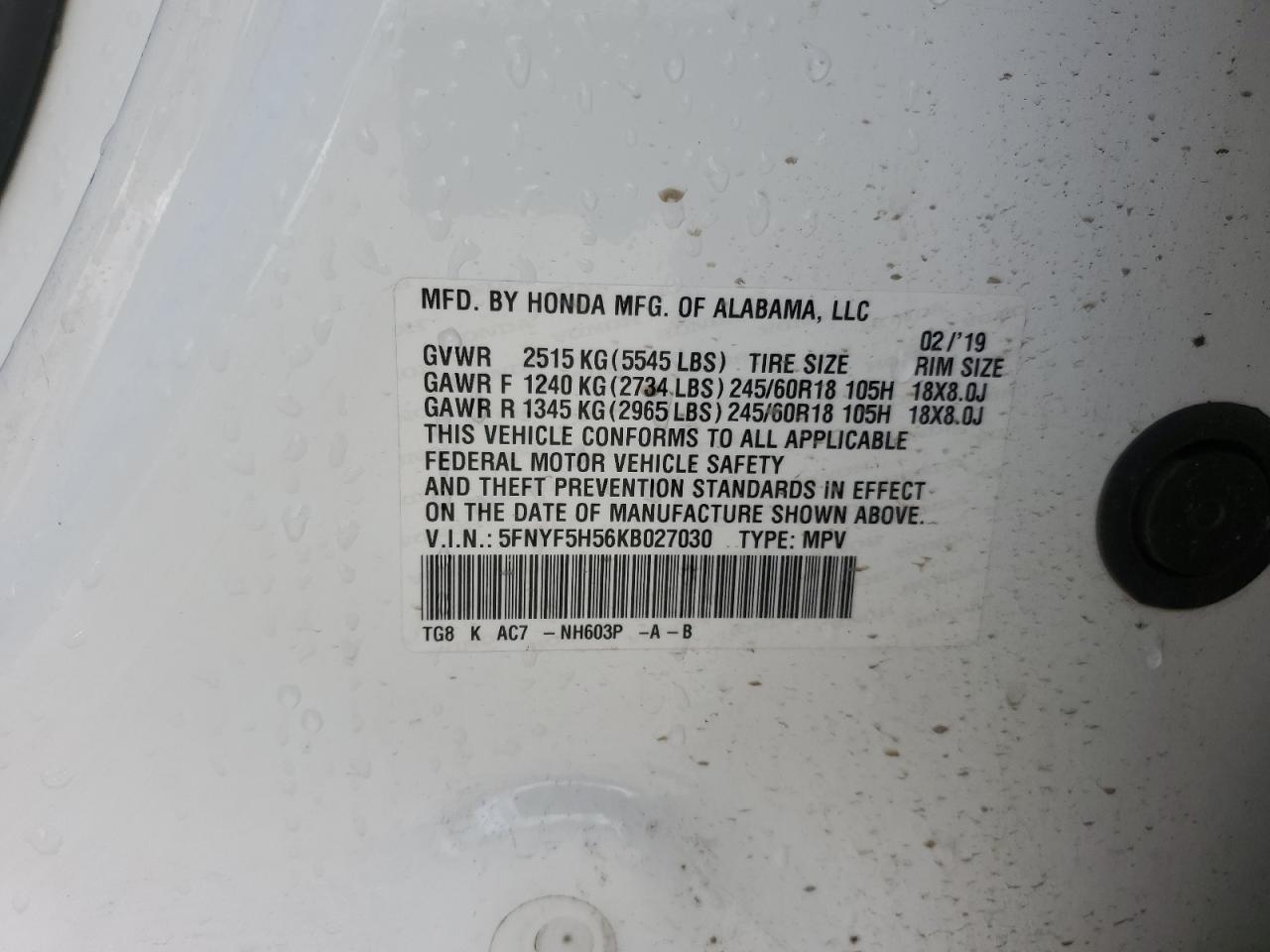 2019 Honda Pilot VIN 5FNYF5H56KB027030 Copart auction photo, vandalism damage thumbnail 12