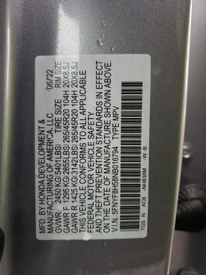 2022 Honda Passport VIN 5FNYF8H58NB016794 Copart auction photo, front end damage thumbnail 13