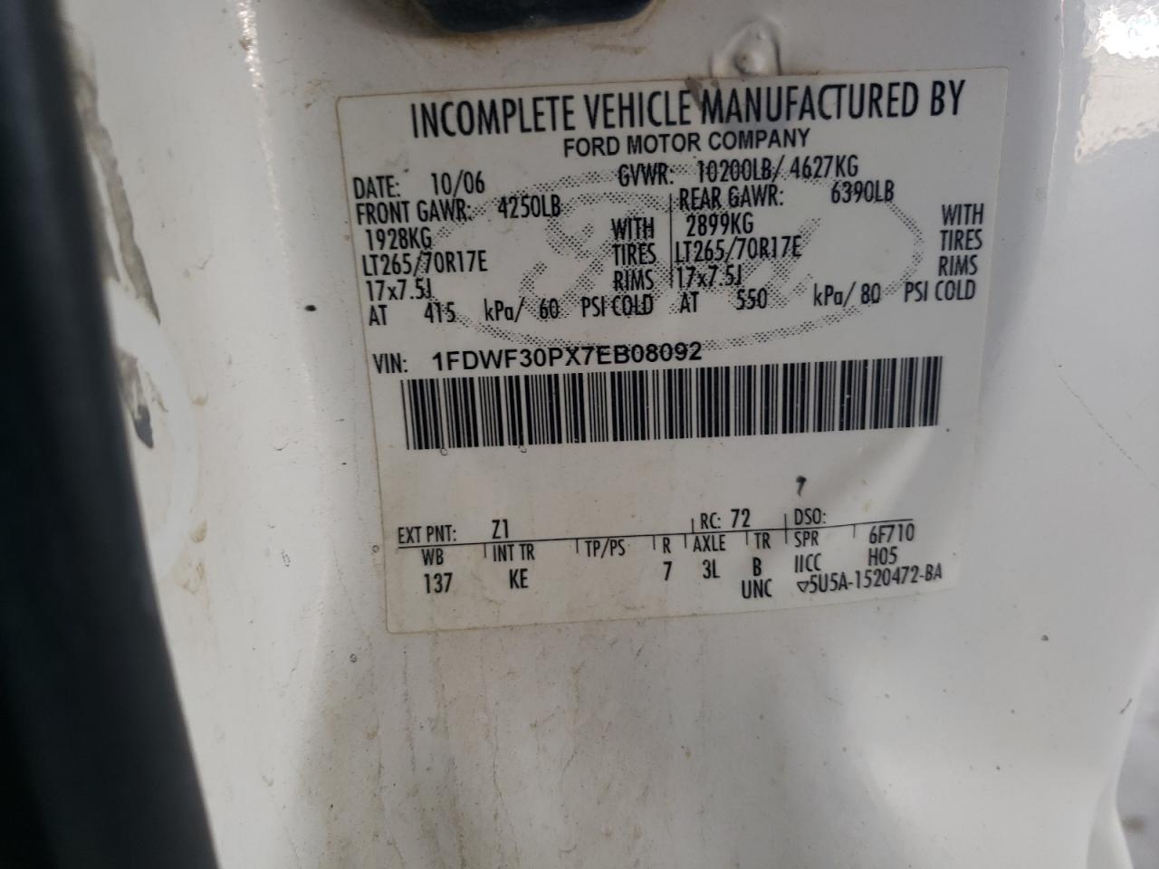 2007 Ford F350 VIN 1FDWF30PX7EB08092 Copart auction photo, mechanical damage thumbnail 12