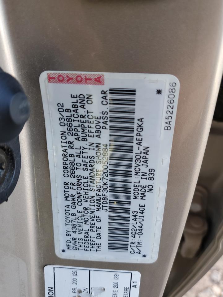 2002 Toyota Camry VIN JTDBF30K720052884 Copart auction photo, front end damage thumbnail 14