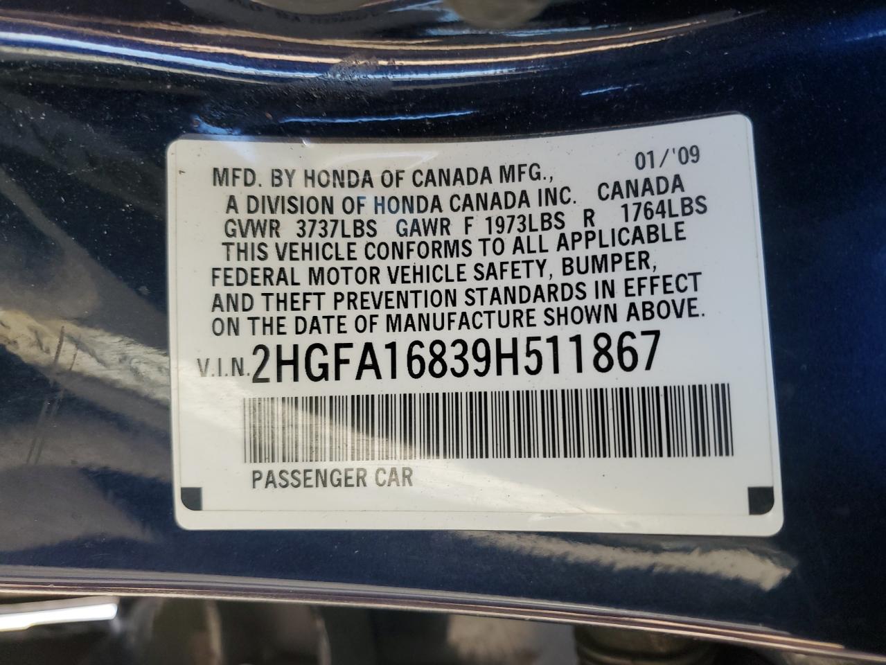 2009 Honda Civic VIN 2HGFA16839H511867 Copart auction photo, side / rear end damage thumbnail 12