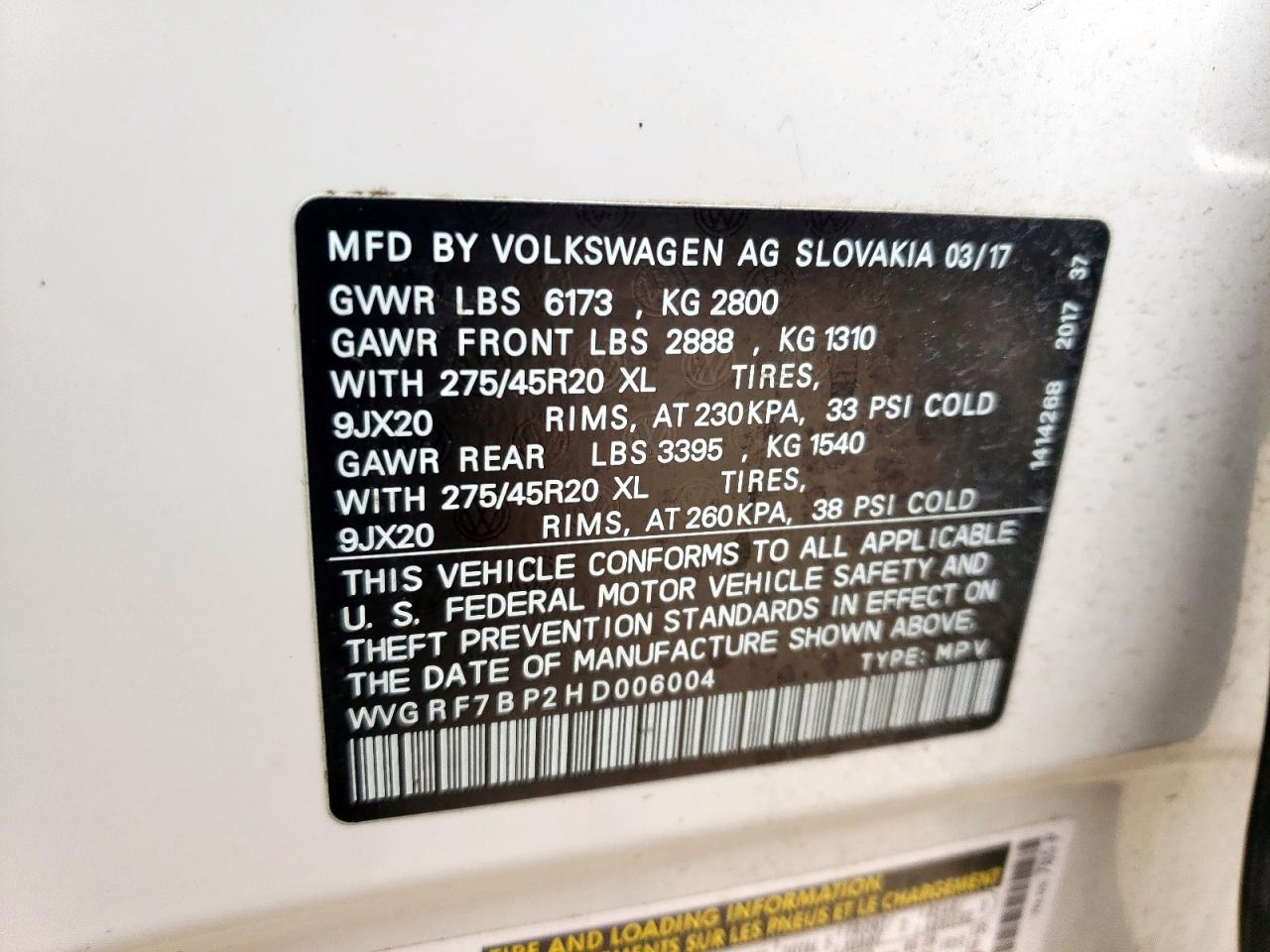 2017 Volkswagen Touareg VIN WVGRF7BP2HD006004 Copart auction photo, front end damage thumbnail 13