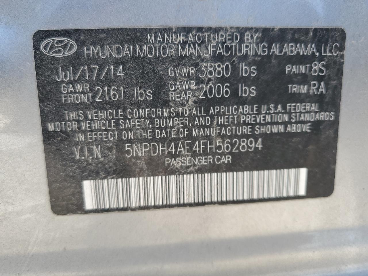 2015 Hyundai Elantra VIN 5NPDH4AE4FH562894 Copart auction photo, front end / rear end damage thumbnail 12