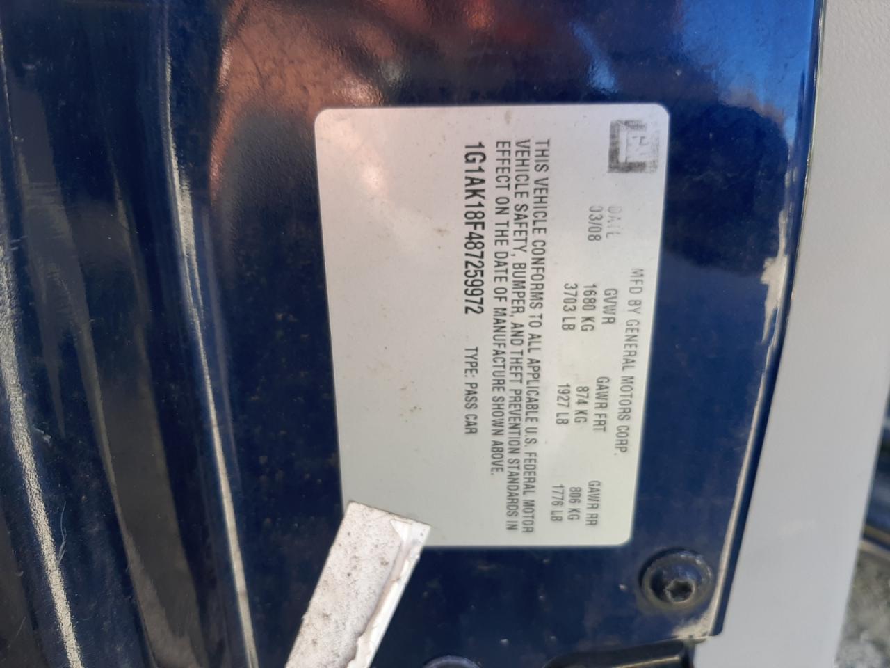 2008 Chevrolet Cobalt VIN 1G1AK18F487259972 Copart auction photo, rear end damage thumbnail 12