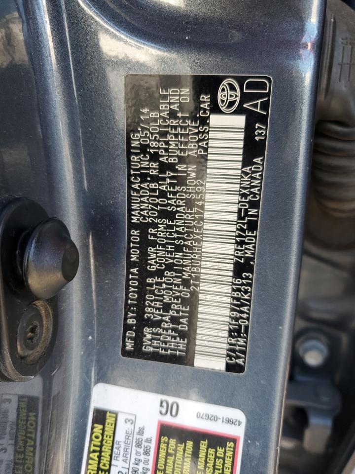 2014 Toyota Corolla VIN 2T1BURHEXEC174592 Copart auction photo, rear end / front end damage thumbnail 12