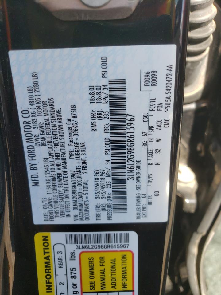 2016 Lincoln MKZ VIN 3LN6L2G98GR615967 Copart auction photo, front end / rear end damage thumbnail 12