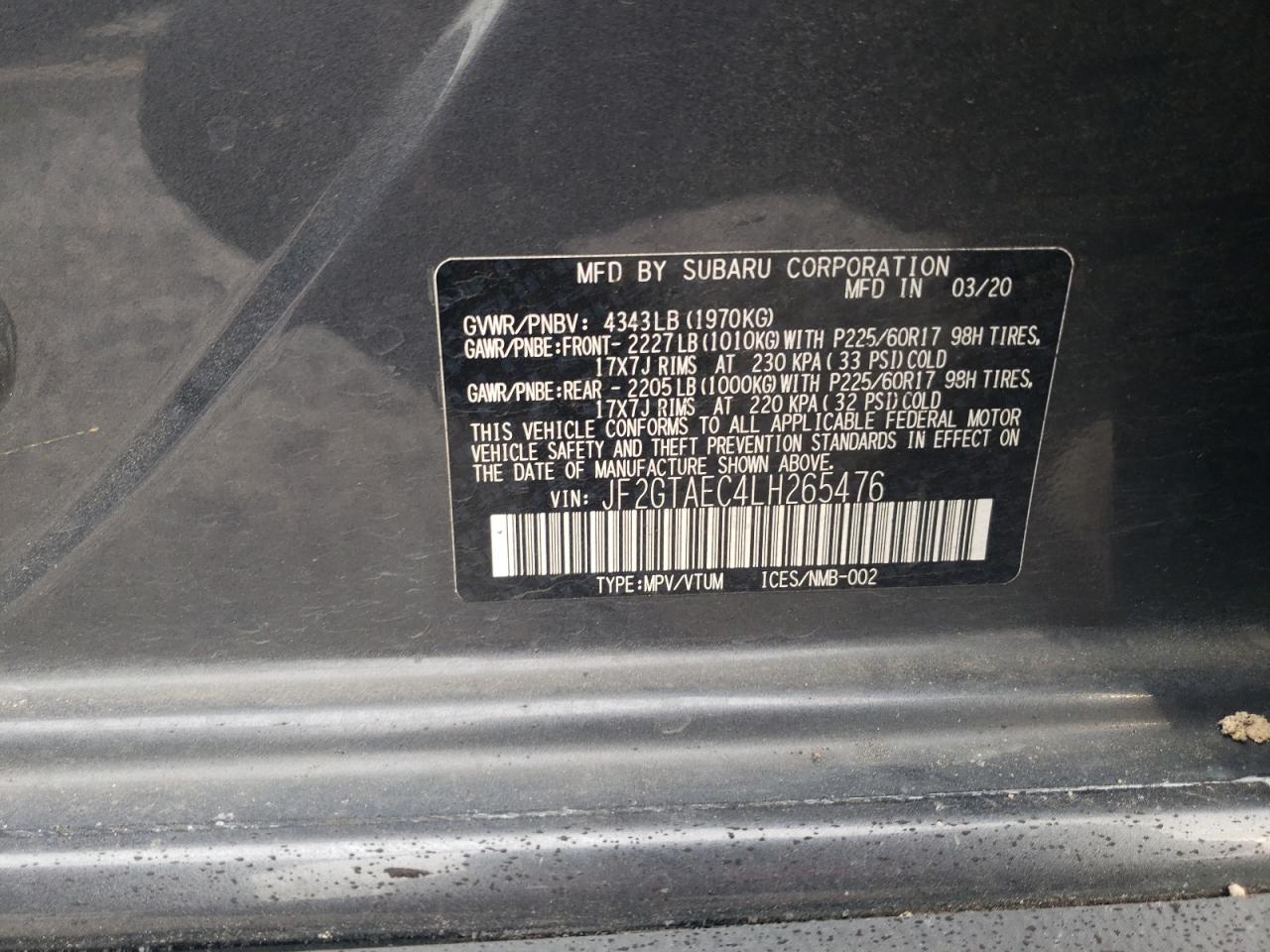 2020 Subaru XV VIN JF2GTAEC4LH265476 Copart auction photo, all over damage thumbnail 12