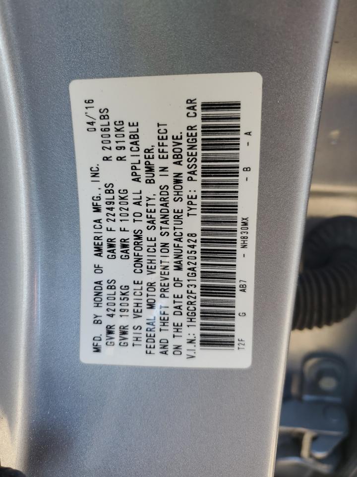2016 Honda Accord VIN 1HGCR2F31GA205428 Copart auction photo, front end damage thumbnail 14