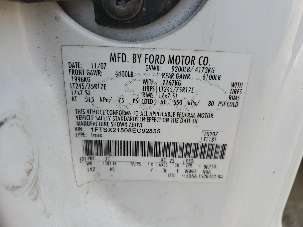 2008 Ford F250 VIN 1FTSX21508EC92855 Copart auction photo, front end damage thumbnail 12