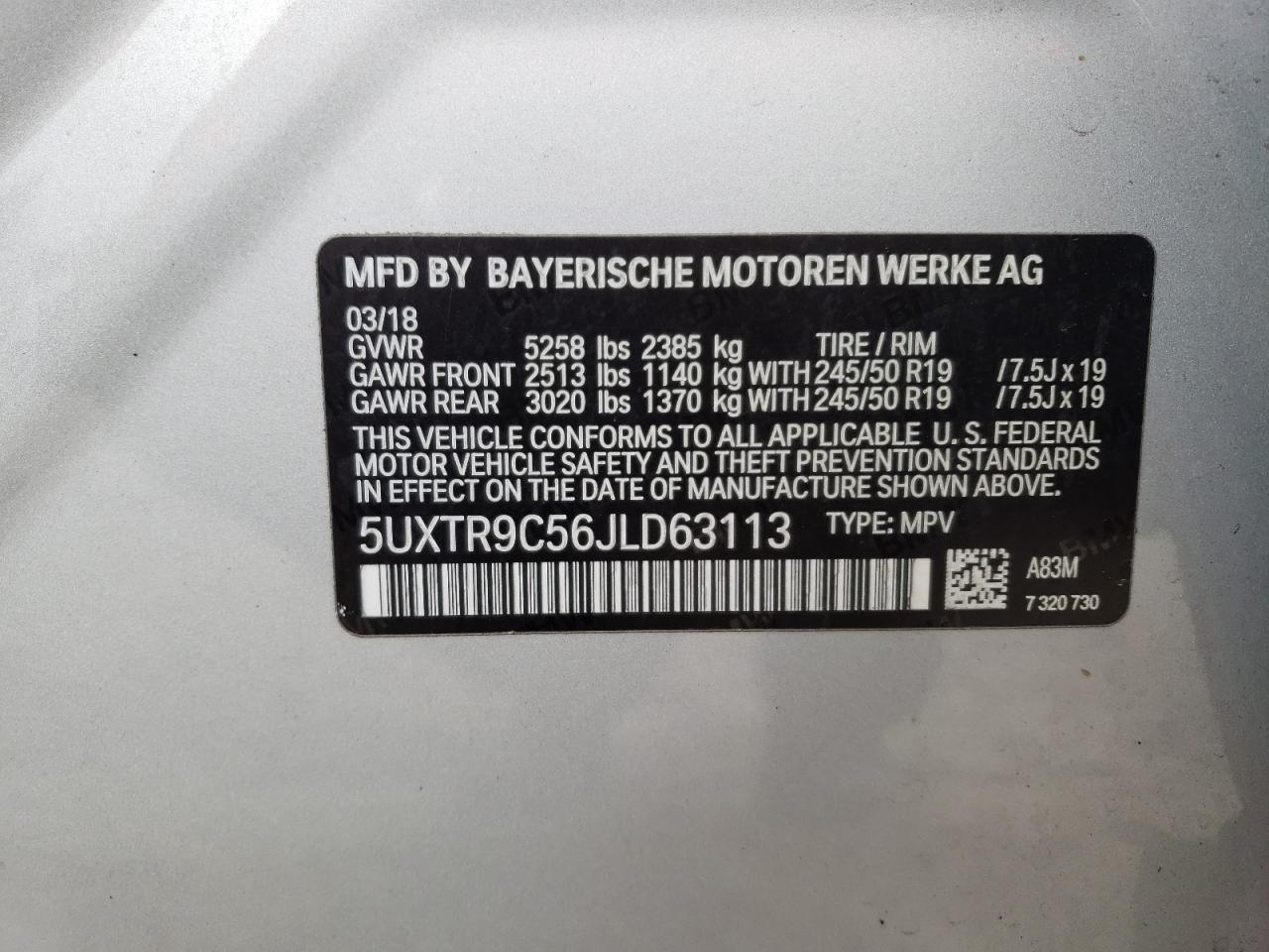 2018 BMW X3 VIN 5UXTR9C56JLD63113 Copart auction photo, burn damage thumbnail 13