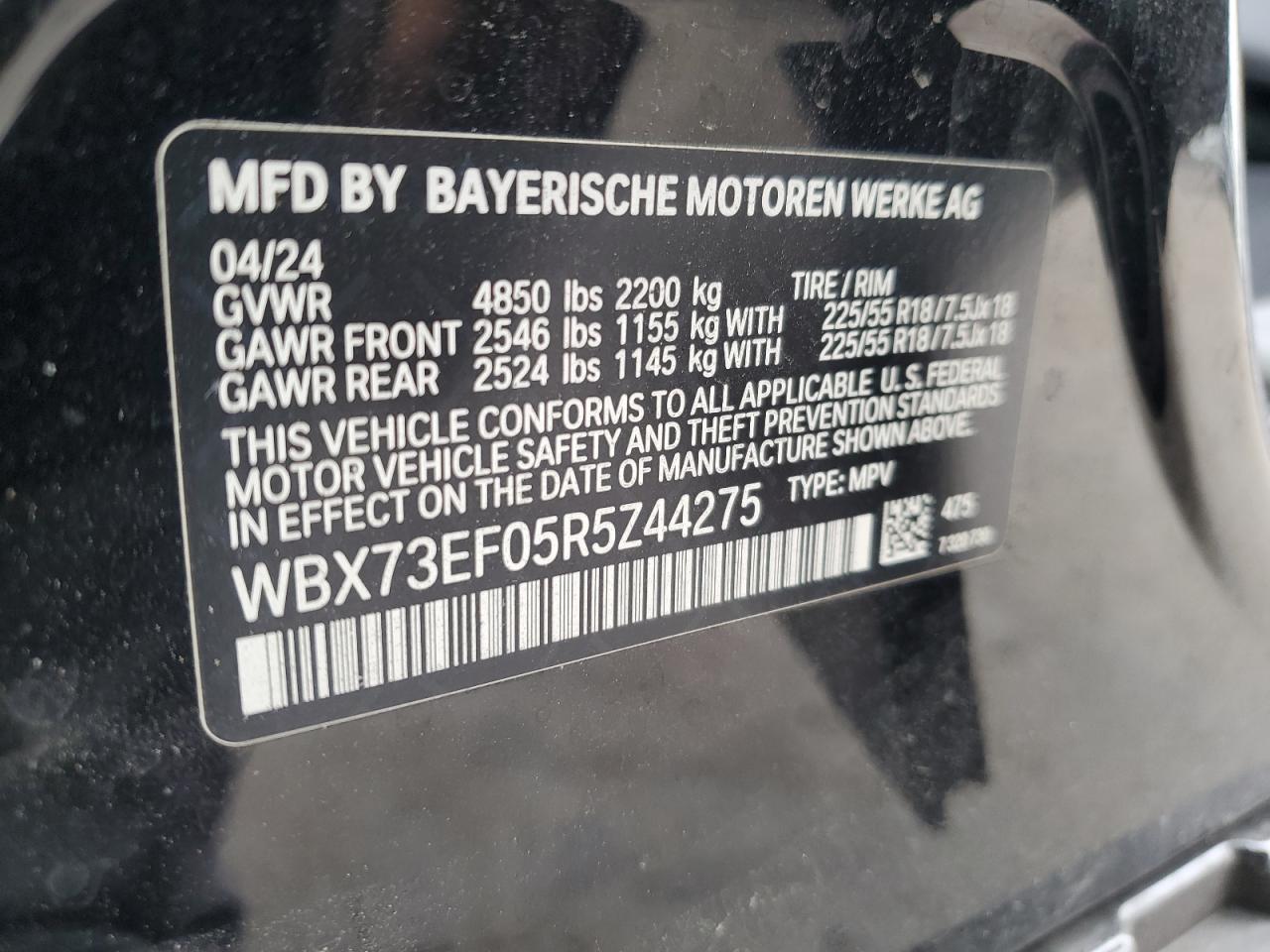 2024 BMW X1 VIN WBX73EF05R5Z44275 Copart auction photo, front end damage thumbnail 14