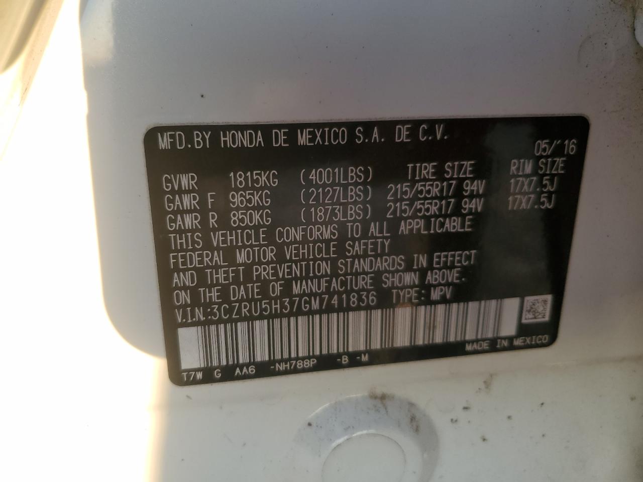 2016 Honda HR-V VIN 3CZRU5H37GM741836 Copart auction photo, front end / all over damage thumbnail 13