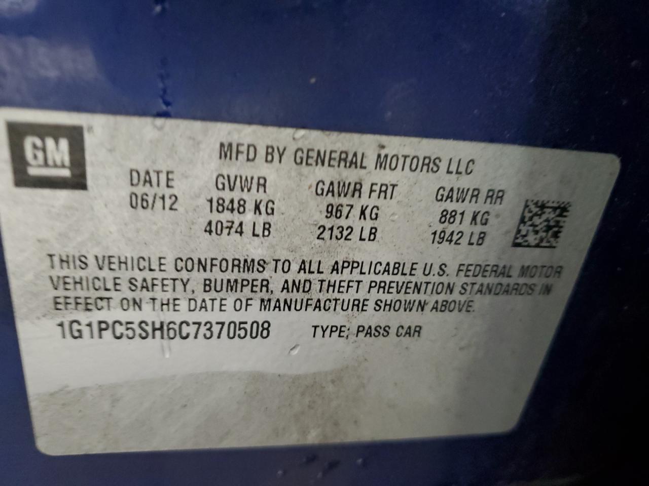 2012 Chevrolet Cruze VIN 1G1PC5SH6C7370508 Copart auction photo, front end damage thumbnail 14