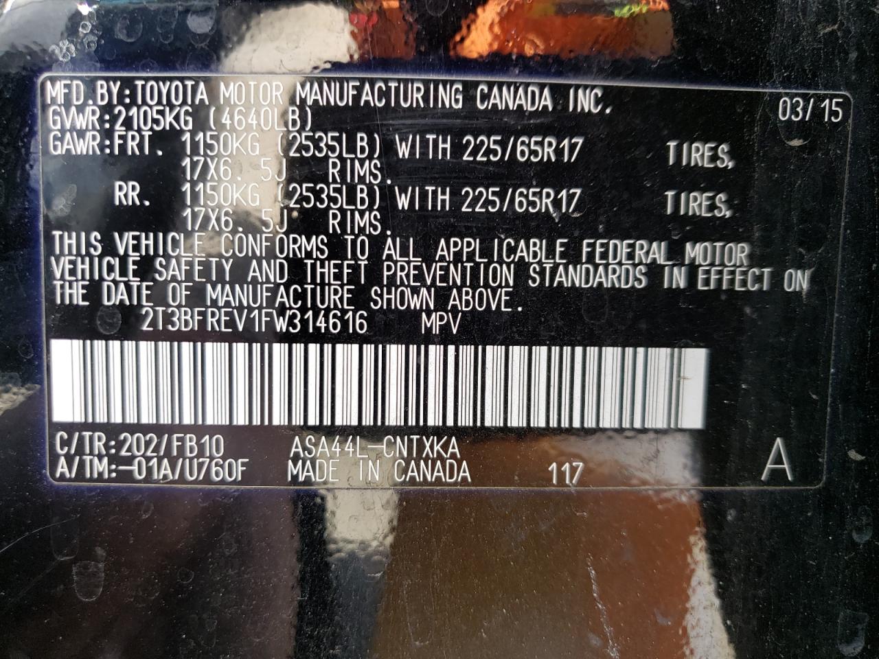 2015 Toyota RAV 4 VIN 2T3BFREV1FW314616 Copart auction photo, rear end / front end damage thumbnail 15