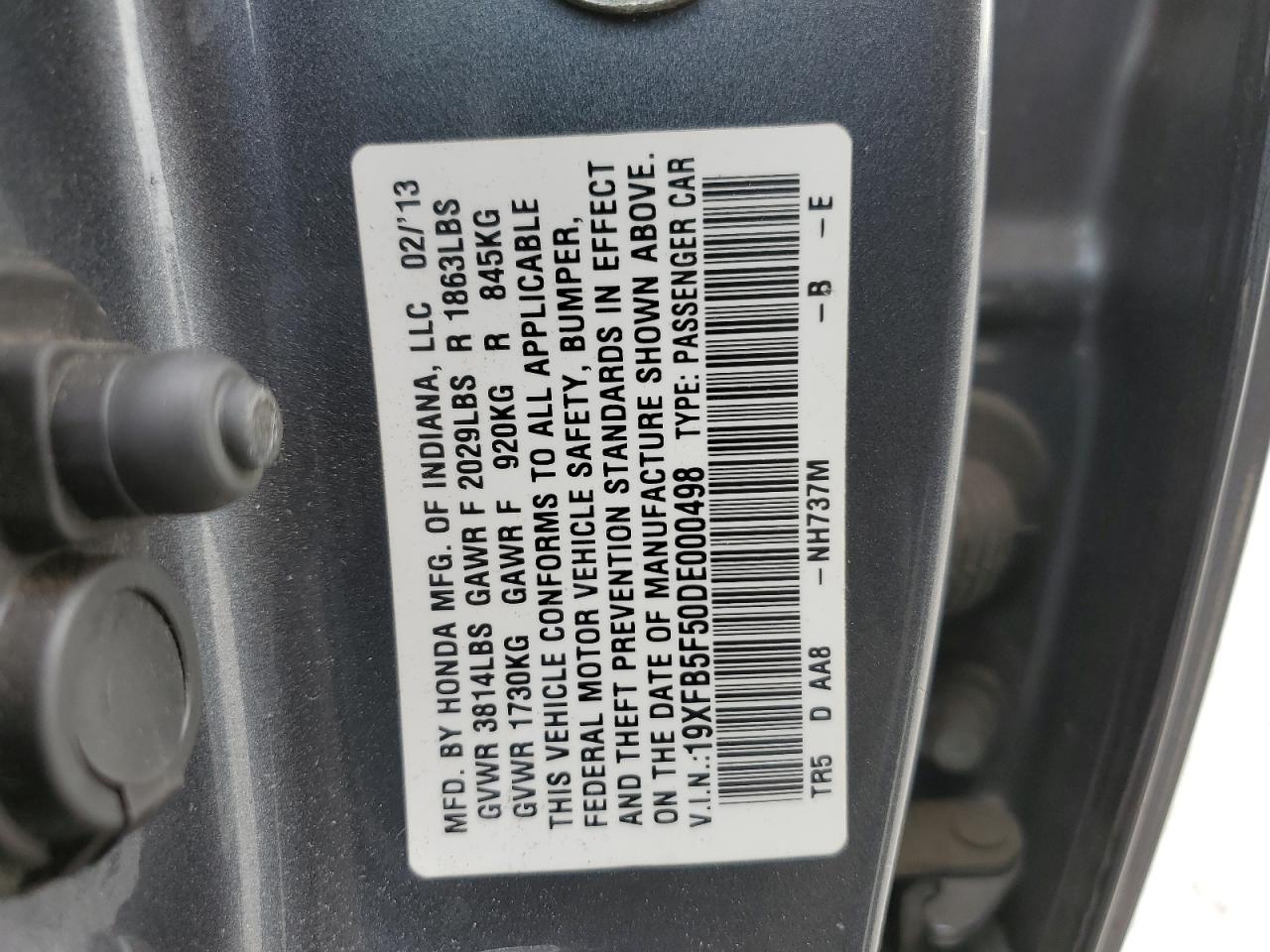 2013 Honda Civic VIN 19XFB5F50DE000498 Copart auction photo, rear end / side damage thumbnail 12