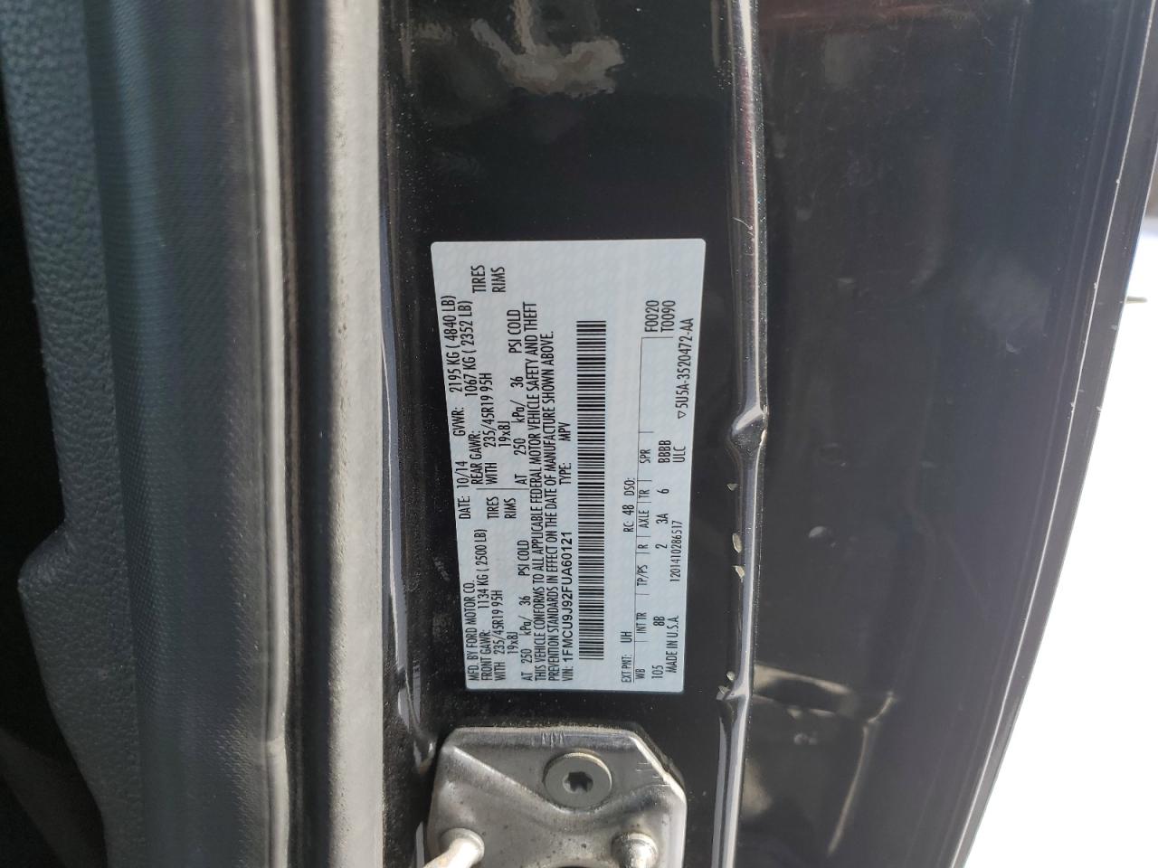 2015 Ford Escape VIN 1FMCU9J92FUA60121 Copart auction photo, front end / rear end damage thumbnail 12