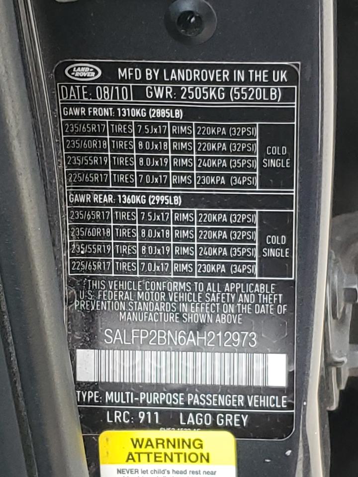 2010 Land Rover LR2 VIN SALFP2BN6AH212973 Copart auction photo, side / front end damage thumbnail 13
