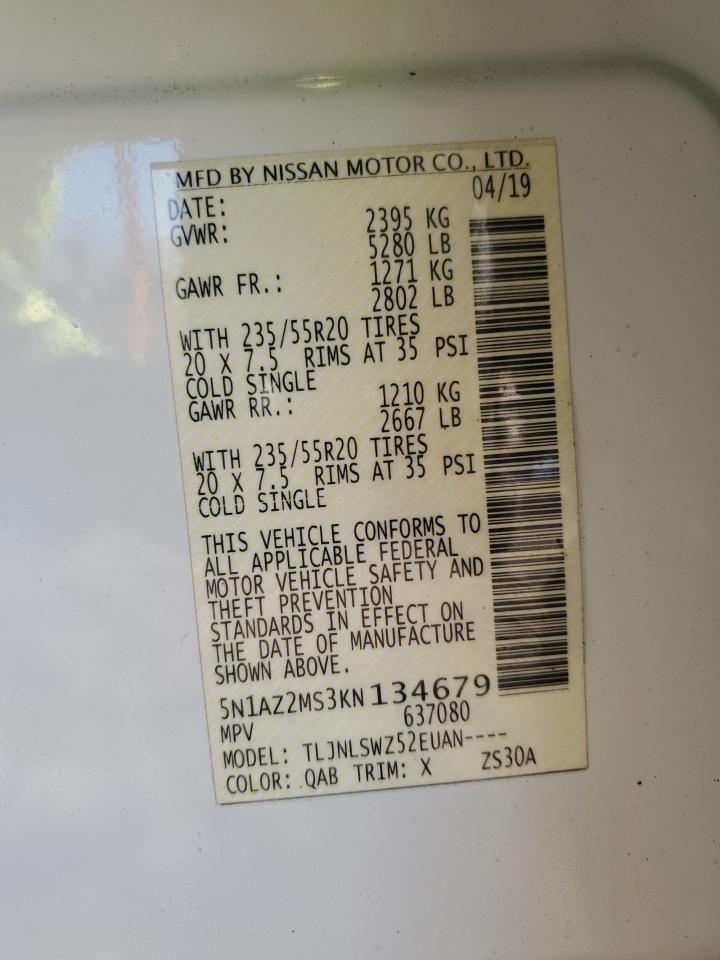 2019 Nissan Murano VIN 5N1AZ2MS3KN134679 Copart auction photo, front end damage thumbnail 14