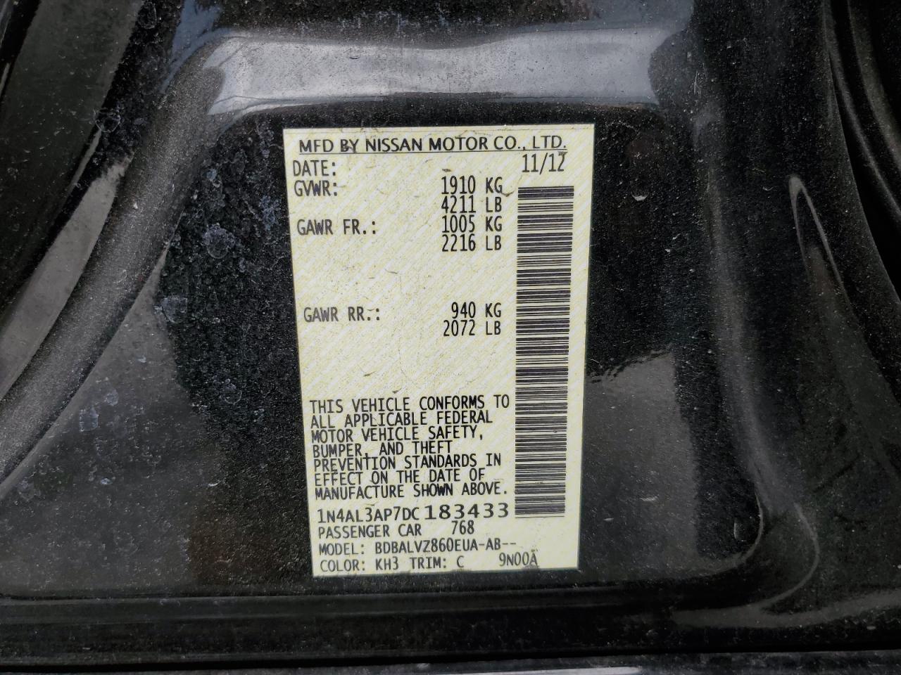 2013 Nissan Altima VIN 1N4AL3AP7DC183433 Copart auction photo, front end / side damage thumbnail 12