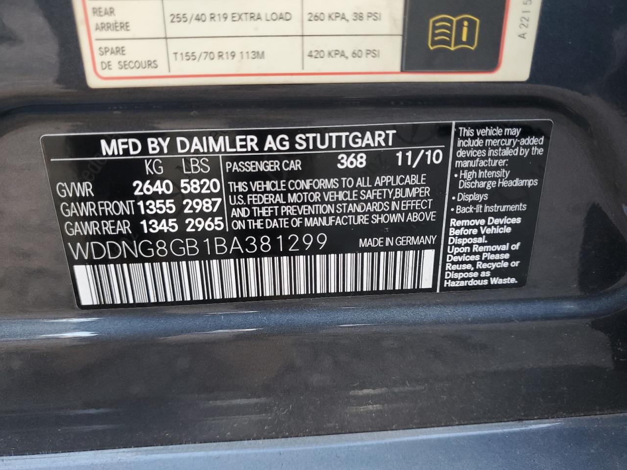 2011 Mercedes-Benz S-klasse VIN WDDNG8GB1BA381299 Copart auction photo, front end damage thumbnail 12