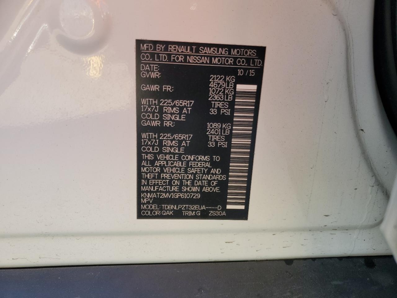 2016 Nissan Rogue VIN KNMAT2MV1GP610729 Copart auction photo, front end damage thumbnail 16