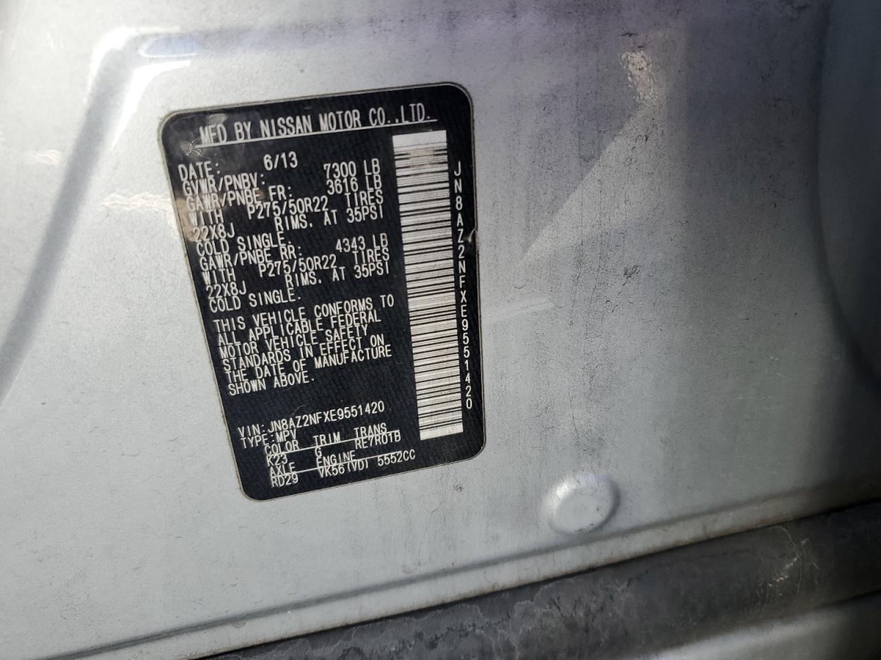 2014 Infiniti QX80 VIN JN8AZ2NFXE9551420 Copart auction photo, minor dent/scratches damage thumbnail 13