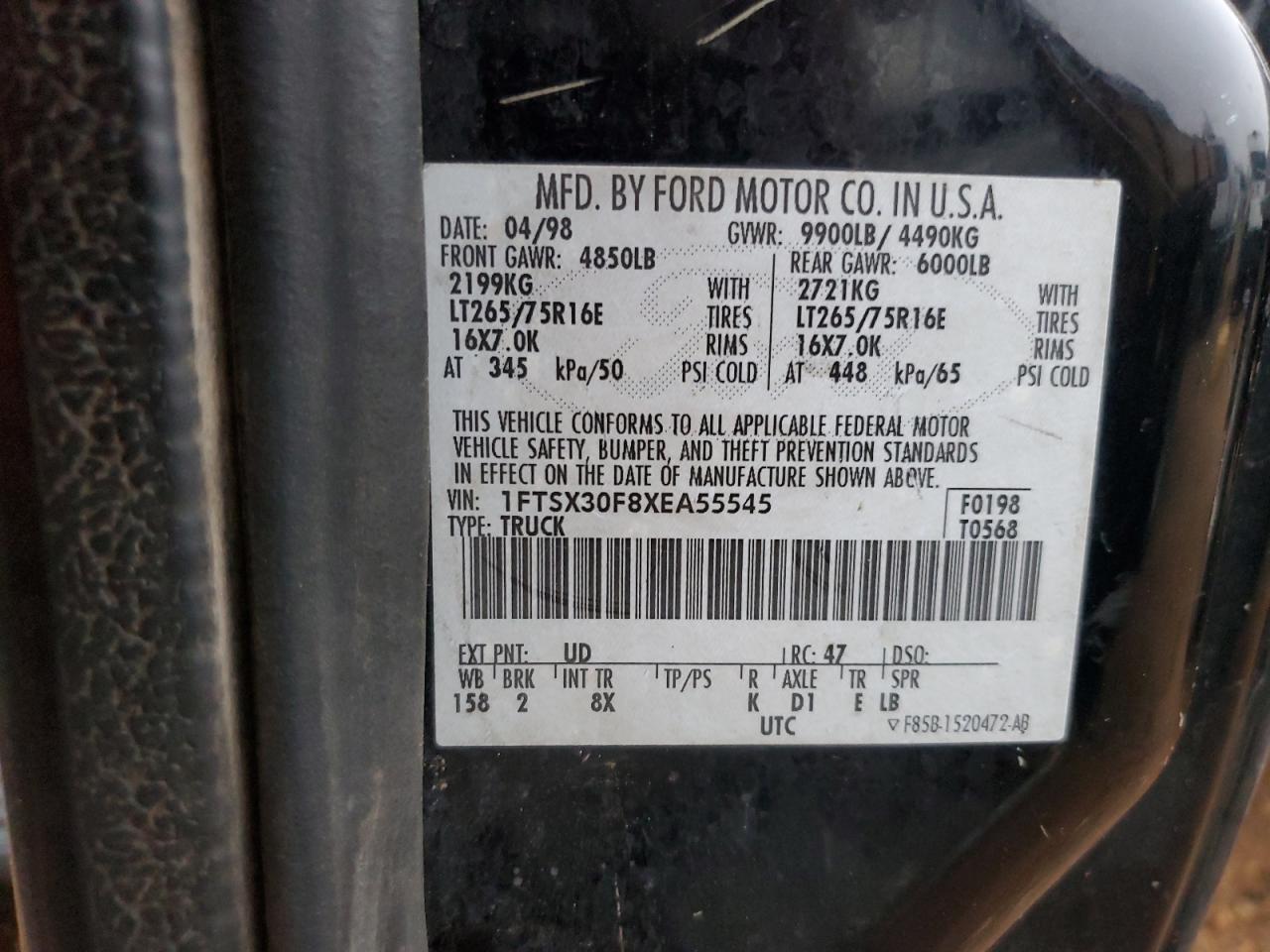 1999 Ford F350 VIN 1FTSX30F8XEA55545 Copart auction photo, all over damage thumbnail 13
