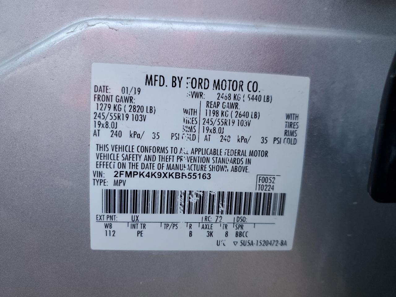 2019 Ford Edge VIN 2FMPK4K9XKBB55163 Copart auction photo, normal wear damage thumbnail 12