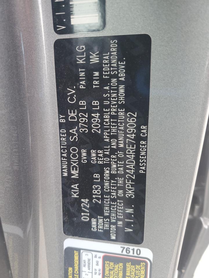 2024 KIA Forte VIN 3KPF24AD4RE749062 Copart auction photo, side / front end damage thumbnail 12