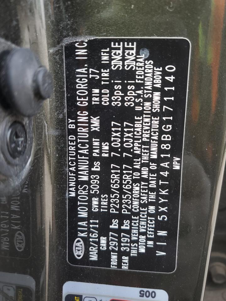 2011 KIA Sorento VIN 5XYKT4A18BG171140 Copart auction photo, front end / side damage thumbnail 15