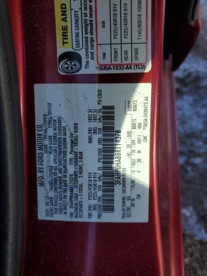 2011 Ford Fusion VIN 3FAHP0HA8BR114378 Copart auction photo, front end damage thumbnail 14