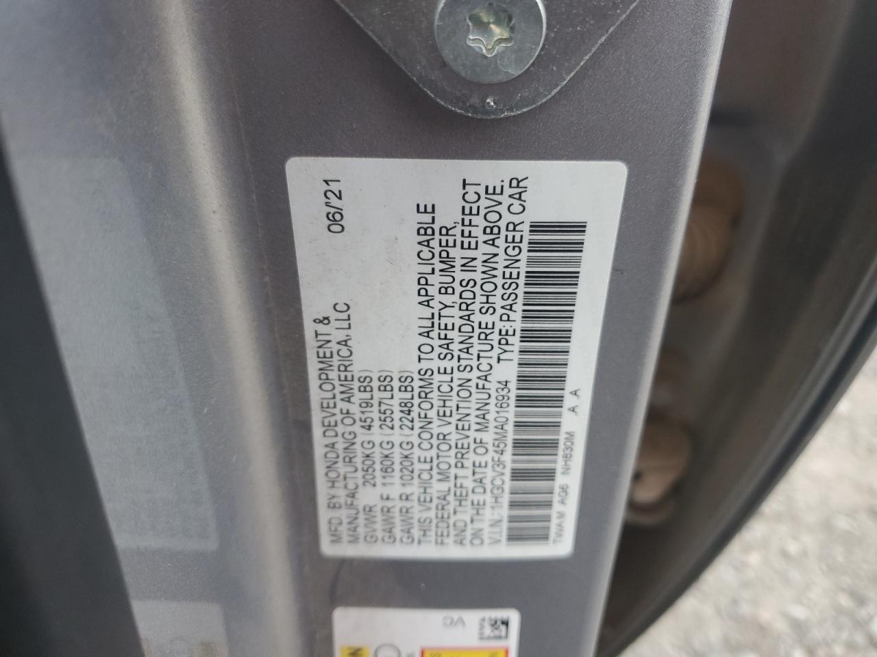 2021 Honda Accord VIN 1HGCV3F45MA016934 Copart auction photo, rear end damage thumbnail 13