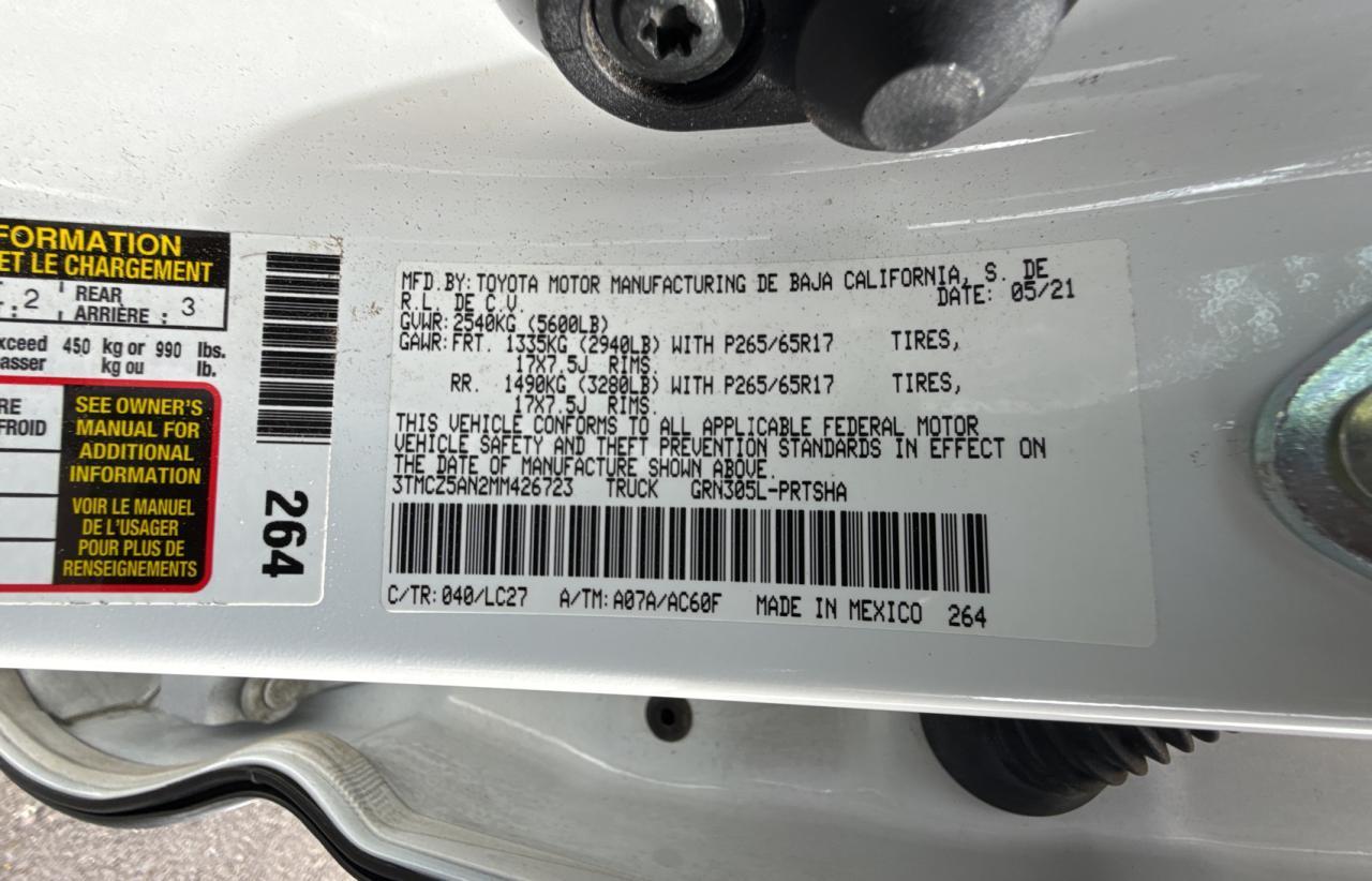 2021 Toyota Tacoma VIN 3TMCZ5AN2MM426723 Copart auction photo, minor dent/scratches / normal wear damage thumbnail 10