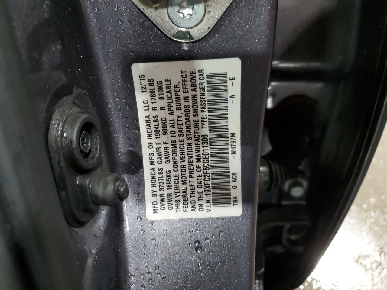 2016 Honda Civic VIN 19XFC2F59GE011306 Copart auction photo, front end damage thumbnail 13