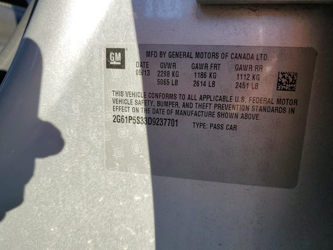 2013 Cadillac XTS VIN 2G61P5S33D9237701 Copart auction photo, front end / rear end damage thumbnail 12