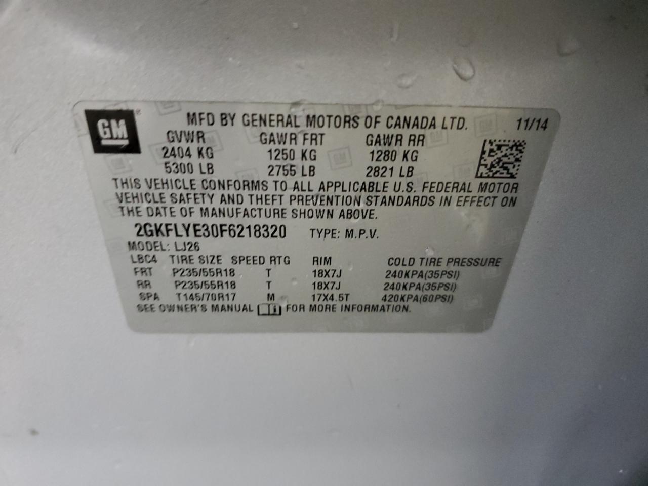 2015 GMC Terrain VIN 2GKFLYE30F6218320 Copart auction photo, front end damage thumbnail 13