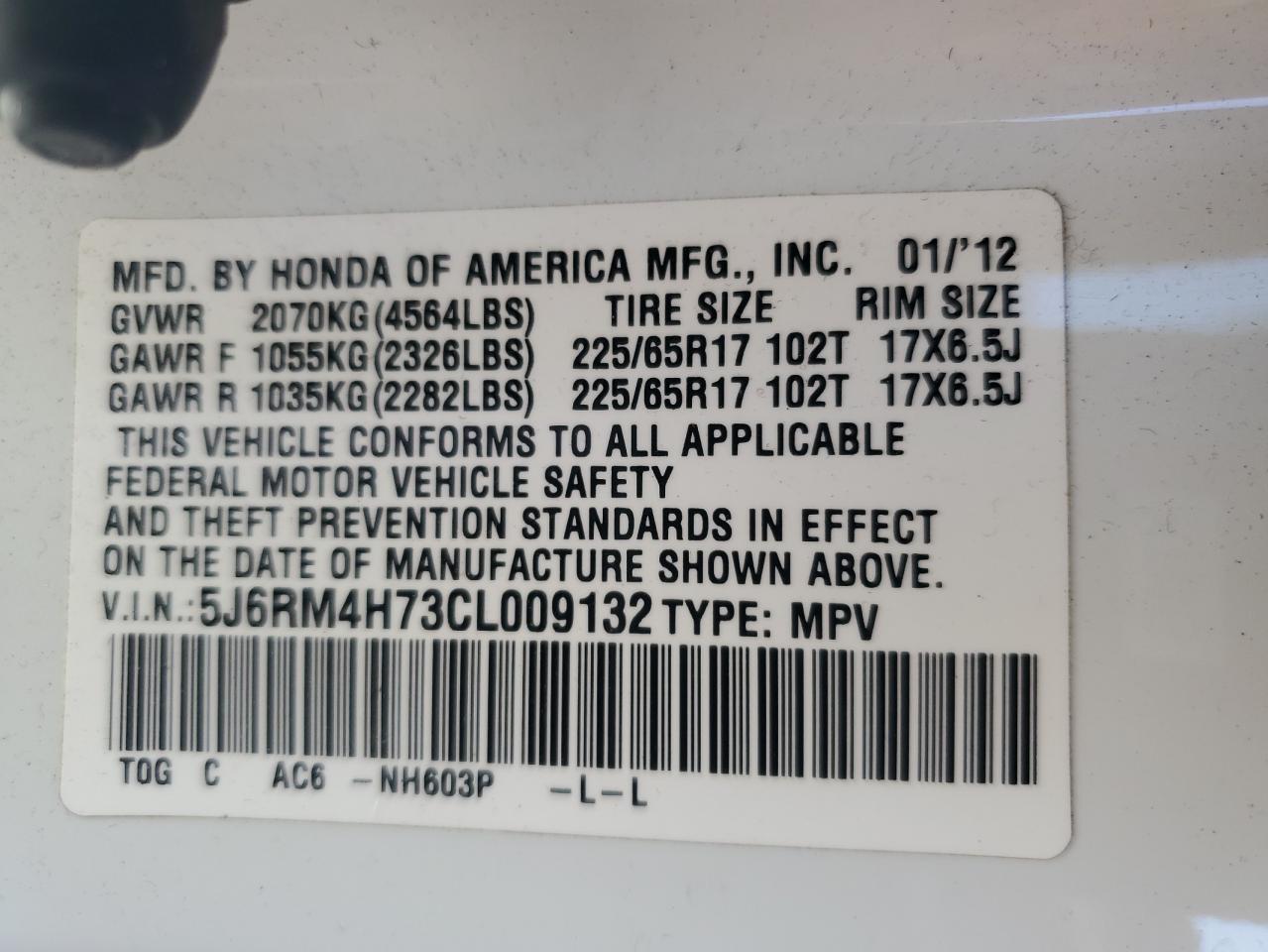 2012 Honda CR-V VIN 5J6RM4H73CL009132 Copart auction photo, front end damage thumbnail 13