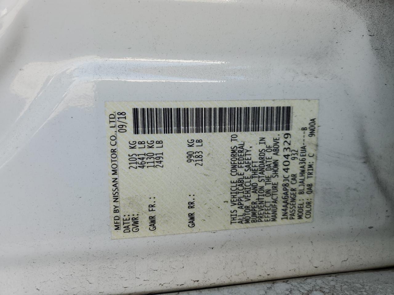 2018 Nissan Maxima VIN 1N4AA6AP8JC404329 Copart auction photo, rear end damage thumbnail 12